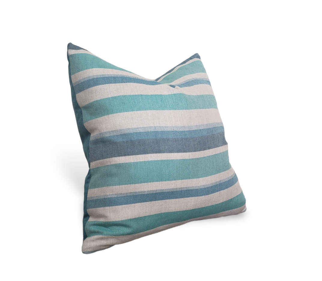 Glimpse of Bermuda indoor/outdoor luxury pillow. Teal stripe sunbrella cushion cover