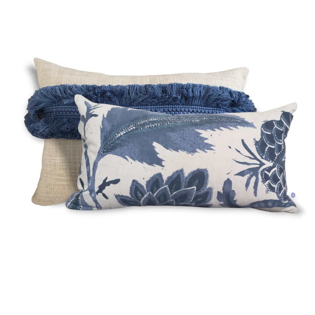 Luxury High End Royal Blue fringed Pillow. Beige and Blue cushion Cover.