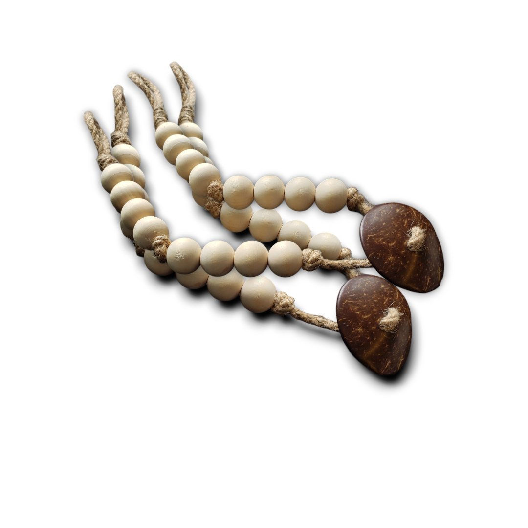 Unique Rustic Curtain Tiebacks with coconut shell buttons. On sale