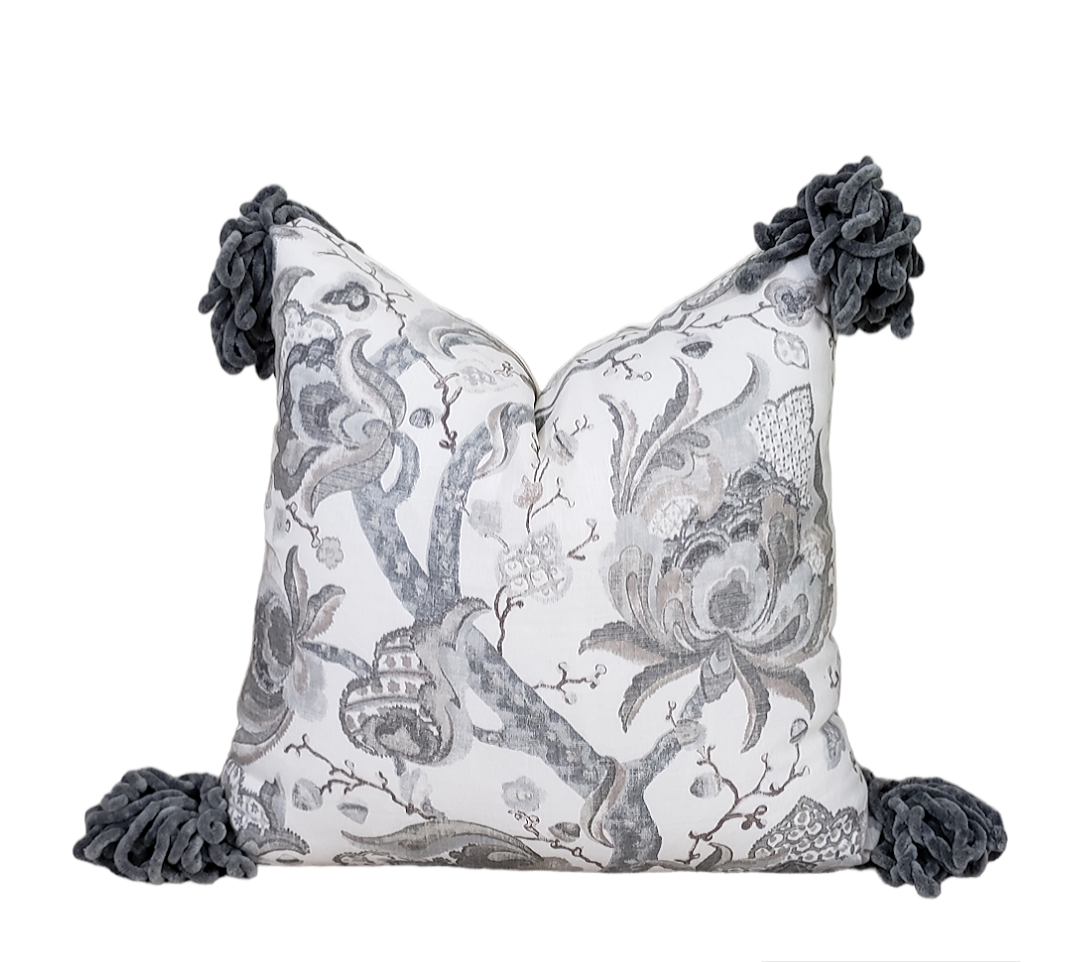 Transform an ordinary couch into an inviting sanctuary with our Grey Serenity Decorative Cushion Cover. Crafted with luxurious, soft linen blend fabric and eye-catching chunky tassels, it adds unique sophistication to your home. Enjoy the beauty and comfort of the designer throw pillow's muted colors and make your living space a peaceful oasis. Experience the lavish lifestyle!
Highlights
Made from Diantha Grey P Kaufmann Fabric
Hand-made
Unique design