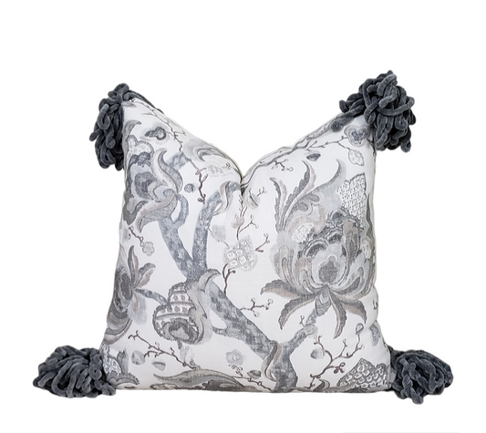 Transform an ordinary couch into an inviting sanctuary with our Grey Serenity Decorative Cushion Cover. Crafted with luxurious, soft linen blend fabric and eye-catching chunky tassels, it adds unique sophistication to your home. Enjoy the beauty and comfort of the designer throw pillow's muted colors and make your living space a peaceful oasis. Experience the lavish lifestyle!
 
Highlights 
Made from Diantha Grey P Kaufmann Fabric
Hand-made 
Unique design
