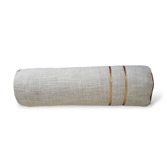 Experience luxury and comfort with this sophisticated bolster pillow. Its textured design and metallic copper trim make a stunning statement, while its removable inserts offer a customizable fit. Add effortless class to your decor and feel the luxury of this beautiful copper and beige bolster pillow.