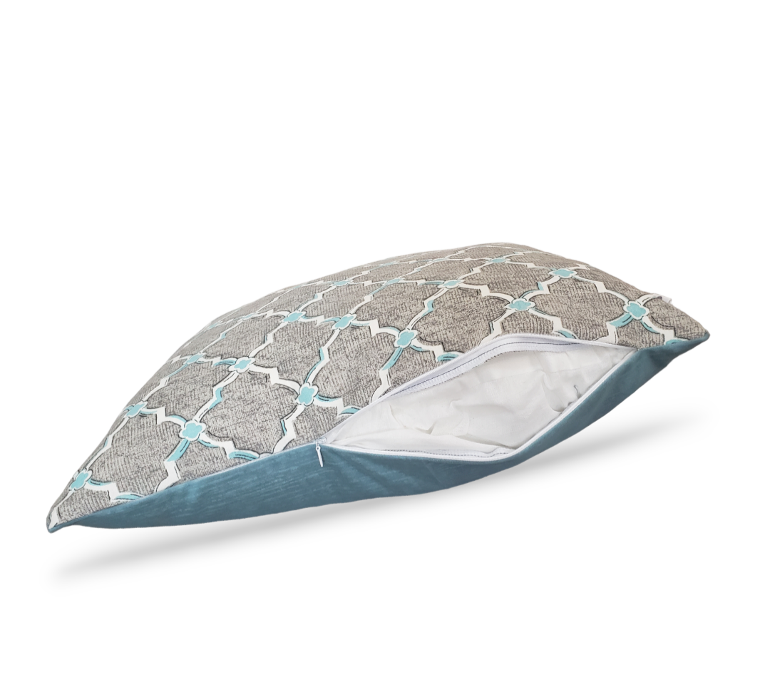 Our unique Aqua Trellis Designer Throw Pillow adds a modern touch to your home with its geometric print and refreshing aqua color. Crafted to be used indoors or outdoors, this stylish coastal-themed cushion cover brings a touch of luxury to any living space. Add a delightful design accent to your home with this designer pillow cover!