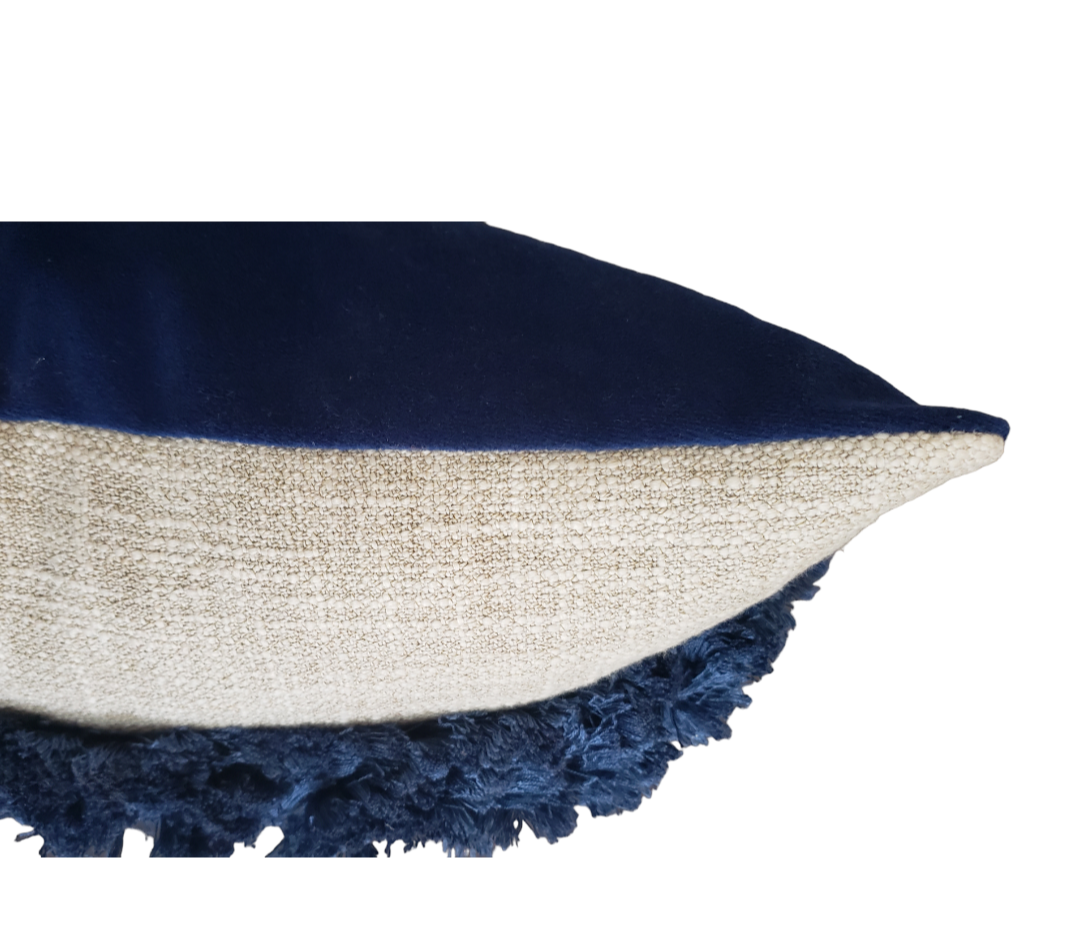 Luxury High End Royal Blue fringed Pillow.  Beige and Blue cushion Cover.