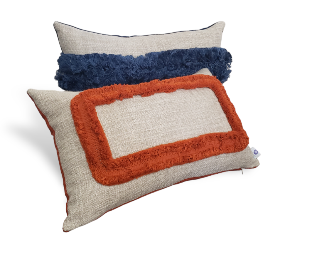 Luxury High End Royal Blue fringed Pillow.  Beige and Blue cushion Cover.
