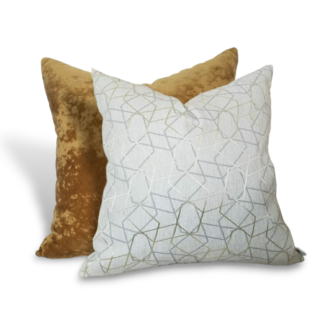 Add a luxurious touch to your décor with this designer throw pillow. Adorned with a beautiful gold geometric design, the handmade cushion cover is crafted from a unique designer fabric, making it both luxurious and limited edition. Let this one-of-a-kind accent piece bring a hint of glamour to your space!
Highlights 
Includes Pillow Cover and Polyfill Insert 
20x20 in
Knives Edge
.  Free shipping to the USA, Canada, UK, Caribbean and Jamaica