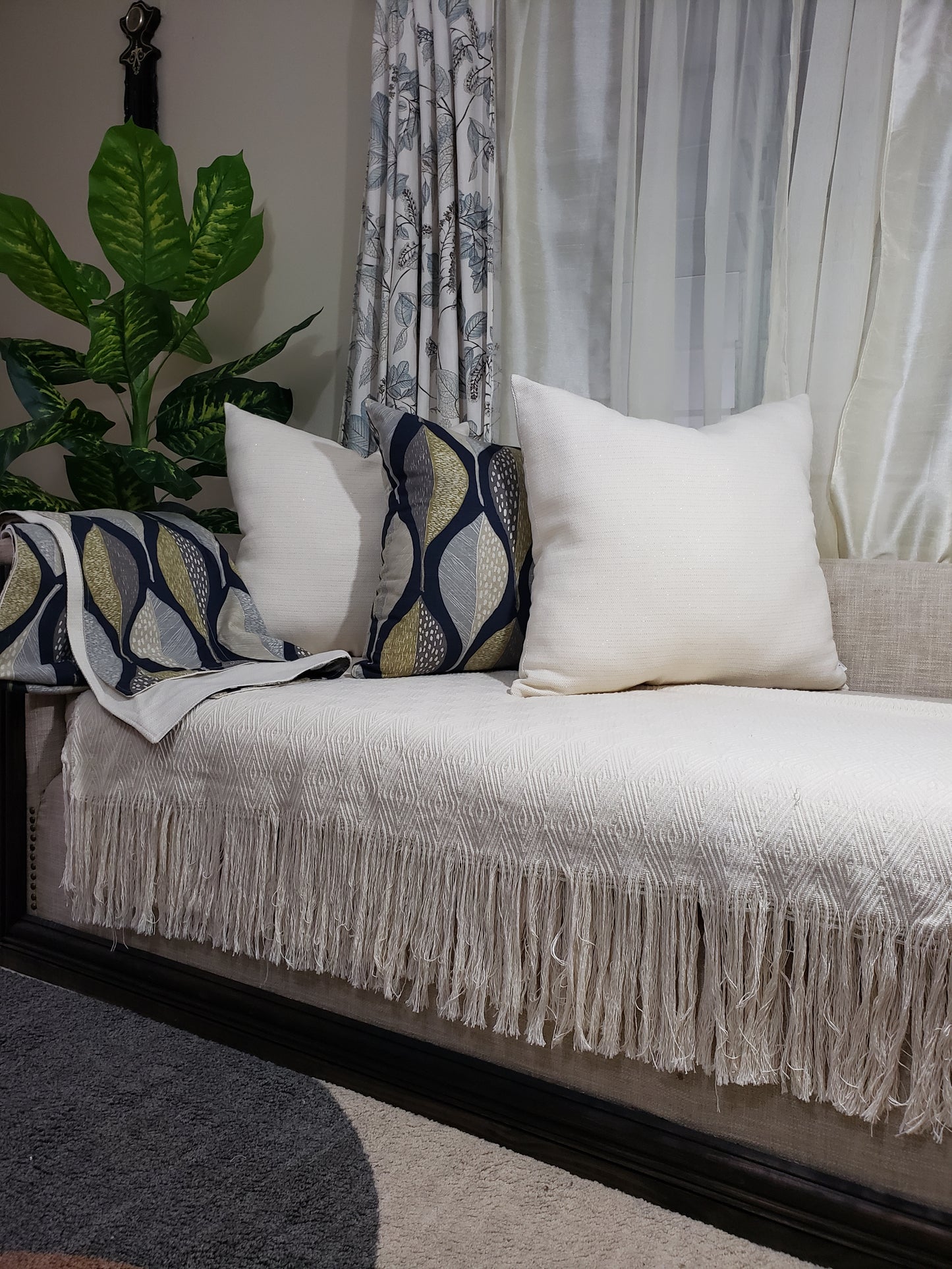 Robert Allen Woodblock Leaf Indigo Luxury Throw. Designer Bed Runner.