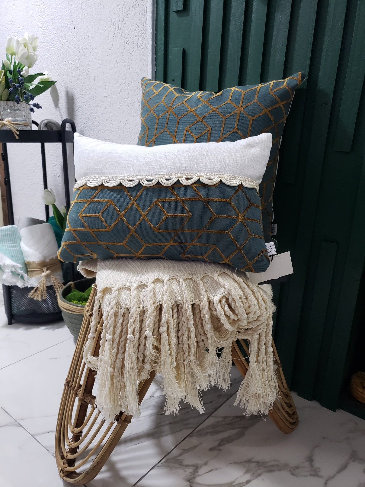 ROMONIQUE  BOTERO COPPER HANDMADE DESIGNER CUSHIONS AND PILLOW.  LUXURY UNIQUE DESIGN USING ROMO COPPER GEOMETRIC FABRIC