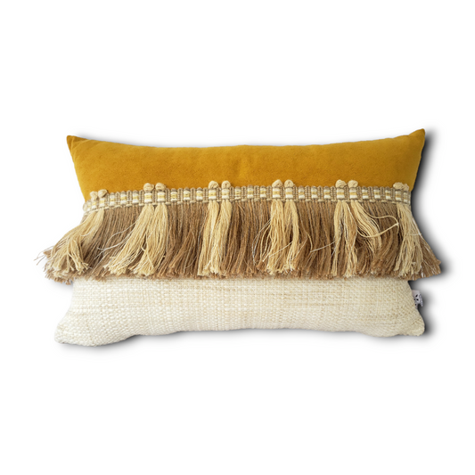 Highend luxury Designer Mustard Yellow Pillow Cushion Lumbar pillow with tassels now on sale