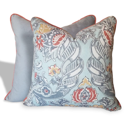 Transform your sofa with our luxurious Lorton Royal Designer Throw Pillow. High End Cushion Cover made from Kravet Lorton fabric, burnt orange piping and a soft grey microfiber reverse for a modern traditional look. Experience ultimate comfort with its reversible design! Add a touch of elegance to any room!
