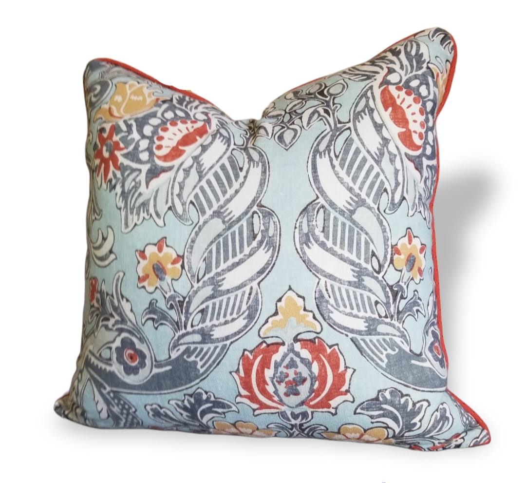 Transform your sofa with our luxurious Lorton Royal Designer Throw Pillow. High End Cushion Cover made from Kravet Lorton fabric, burnt orange piping and a soft grey microfiber reverse for a modern traditional look. Experience ultimate comfort with its reversible design! Add a touch of elegance to any room!