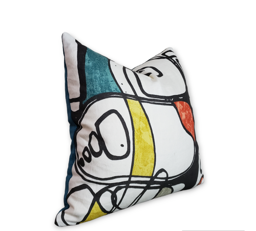 Add a pop of color and character to your space with this fun and whimsical decorative pillow.  Boasting playful colors such as yellow, aqua, teal and red this pillow goes well with a variety of design styles.  Complete with a solid teal microfiber reverse for a fresh new look.   Shop our Kravet Medford Designer Pillow today!