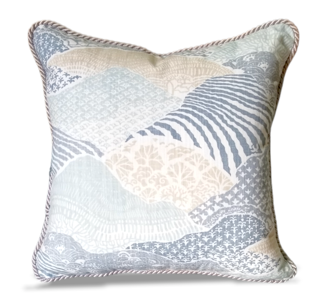 Nautique by Fiona Hall Luxury Designer Throw Pillow. Made from Robert Allen Winsor Manor Fabric. Throw pillow. Designer pillow. Decorative cushions.  High end throw pillows.   Shop Designer pillow for your Gray or Blue Sectional Sofa, Accent Chair or Bedroom.  Need a Best Selling Pillow to Highlight that blanket or duvet.  Shop our designer royal blue pillow covers and get international shipping.
