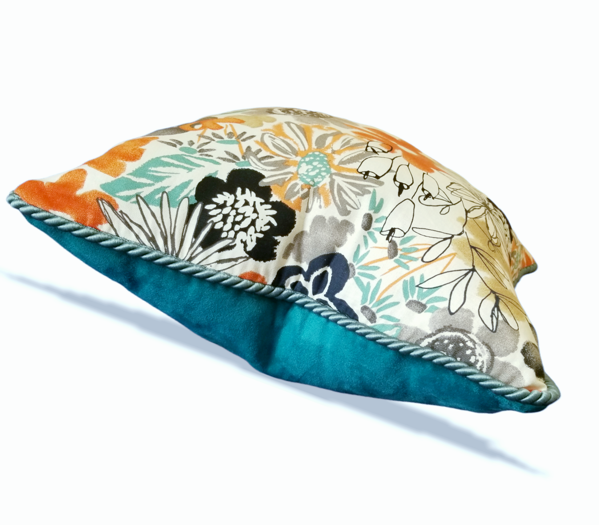 This vibrant yet relaxing designer accent pillow boasting colors such as teal, black, grey and orange.  perfect for your bedroom, livingroom or foyer.  eleganty and carefully crafted to give the highest quality finish and luxury to last for years to come.  Complete with an invisible zipper, solid teal microfiber back and piped edge.