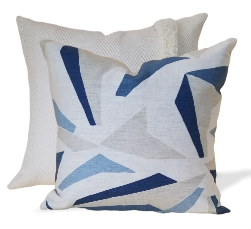 Shop our exquisite Modern Geometric Boho Decorative Pillow Covers. A unique designer pillow made from the lovely Thom Filicia Altitude for Kravet fabric, this 100% linen is a perfect geometric accent piece for your bedroom or living room. Boasting timeless colors such a royal blue, beige, light blue and white. This pillow not only highlights but compliments your decor.  Perfect for your beige sofa, sectional or accent chair.  Enjoy International shipping when you buy our designer pillows.