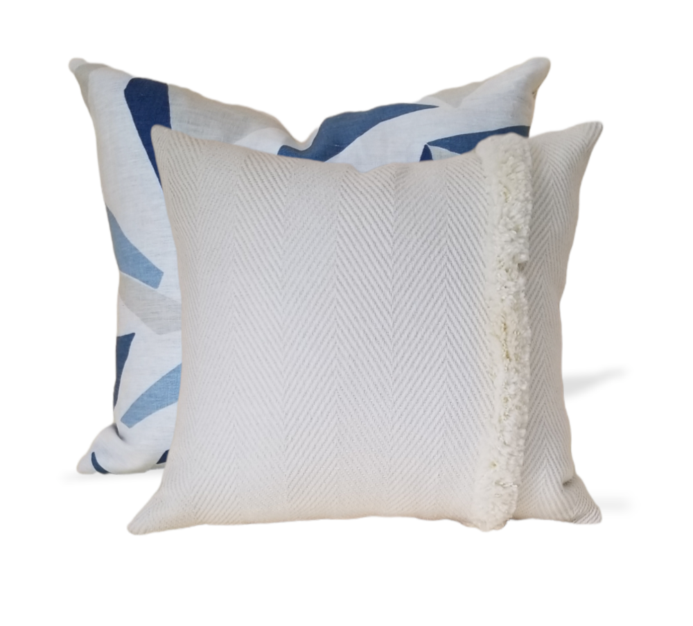 Shop our exquisite Modern Geometric Boho Decorative Pillow Covers. A unique designer pillow made from the lovely Thom Filicia Altitude for Kravet fabric, this 100% linen is a perfect geometric accent piece for your bedroom or living room. Boasting timeless colors such a royal blue, beige, light blue and white. This pillow not only highlights but compliments your decor.  Perfect for your beige sofa, sectional or accent chair.  Enjoy International shipping when you buy our designer pillows.