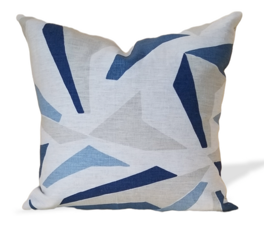 Shop our exquisite Modern Geometric Boho Decorative Pillow Covers. A unique designer pillow made from the lovely Thom Filicia Altitude for Kravet fabric, this 100% linen is a perfect geometric accent piece for your bedroom or living room. Boasting timeless colors such a royal blue, beige, light blue and white. This pillow not only highlights but compliments your decor.  Perfect for your beige sofa, sectional or accent chair.  Enjoy International shipping when you buy our designer pillows.