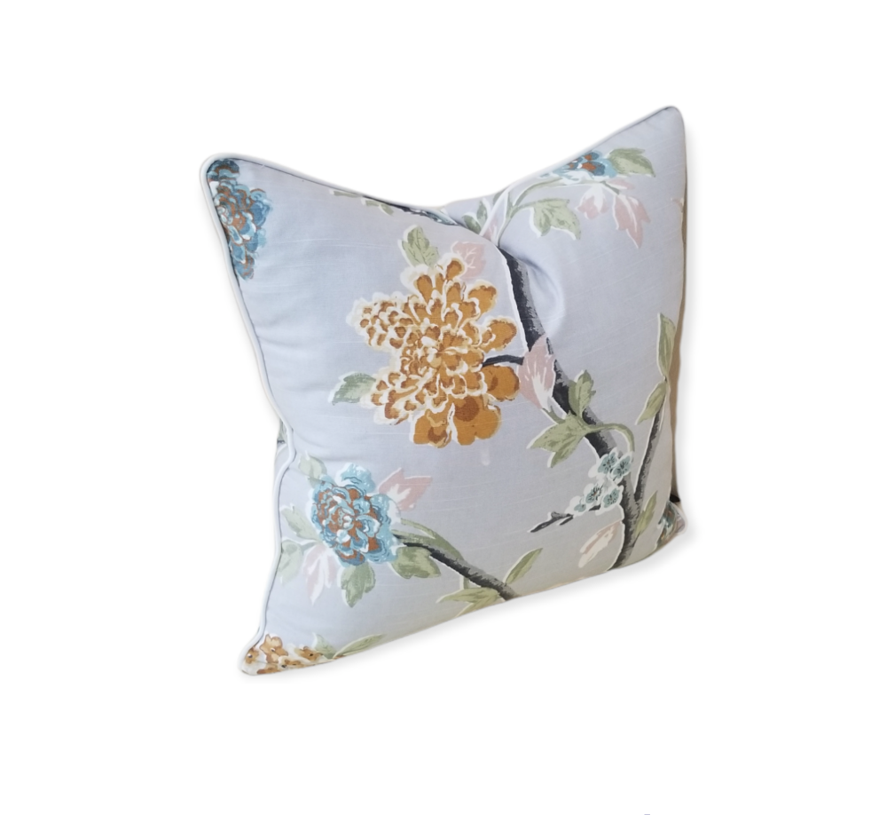 Shop Luxury Designer Decorative Throw Pillow s and Covers with Advenique Home Decor. This Pillow is made from the lovely Robert Allen Helene Gray fabric, boasting colors such as gray, olive green, dusty pink and white its the perfect addition for your space. Shop high end accent throw pillow now and get international shipping.