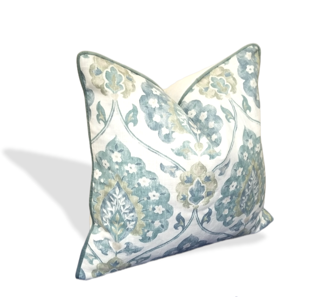 Shop our Teal Damask Designer Throw Decorative Pillow for you sectional sofa or bedroom today.  This Designer pillow, boast exquisite color such as blue, turquoise olive green and white.  These subtle yet beautiful color make this designer pillow the perfect take away.  Shop handmade designer throw pillow that are uniquely designed for you.  Shop pillows for that gray or beige  couch or accent chair and enjoy international shipping.