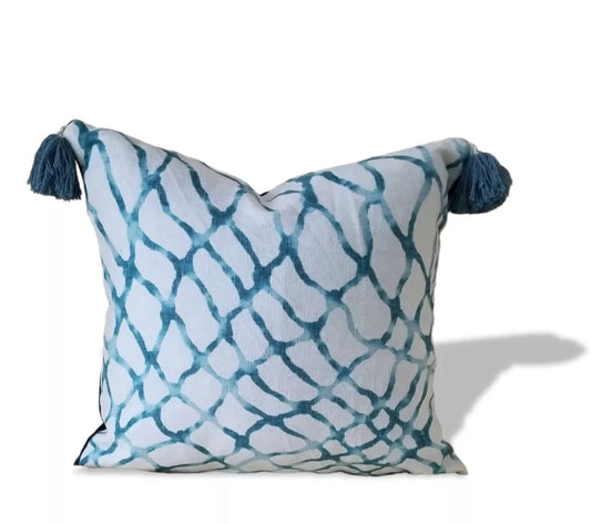 Time to spruce up your space with our luxurious designer decorative pillow cover.  Handcrafted from the lovely Kravet water Polo Lagoon Fabric boasting coastal colors such as teal and blue its the perfect  high end conversational piece for your home space.