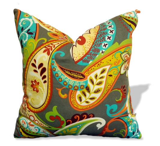 Made from the lovely Covington Whimsy fabric, this fun yet luxurious accent pillow adds that pop of color to your space and the perfect finishing touch to your home or office decor.  Boasting playful colors  such as teal, yellow, green, orange, grey and brown in a intricately created damask pattern.  Shop pillows for your sofa or bedroom today with advenique Home decor and get international shipping.