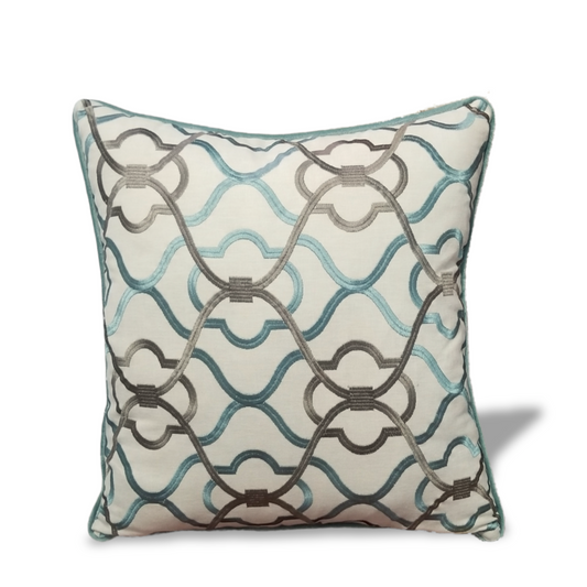 This Luxury Designer Embroidered Throw Pillow is the perfect way to add luxurious style and unique design to any room! Handcrafted from Fabricut Passarella Plume Embroidered Fabric, this cushion cover features a velvet backing and captivating aqua and brown hues. An opulent Fiona Kimberly Design - this high-end cushion cover is a sophisticated statement piece that will elevate any home. Get it now and experience luxury living!
