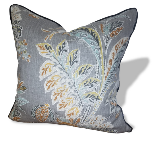 Shop Luxury Designer pillows with Advenique Home Decor.  Our lovely selection of high end decorative pillows adss the perfect finishing touch to your space.  Browse and shop our best selling throw pillows and bed runners for your next interior design project.  Enjoy free international and local shipping on selected orders for shipping to the Caribbean, Canada, USA, UK and Jamaica.  Shop this designer pillow made from the lovely Kravet Ishana Tumeric fabric.